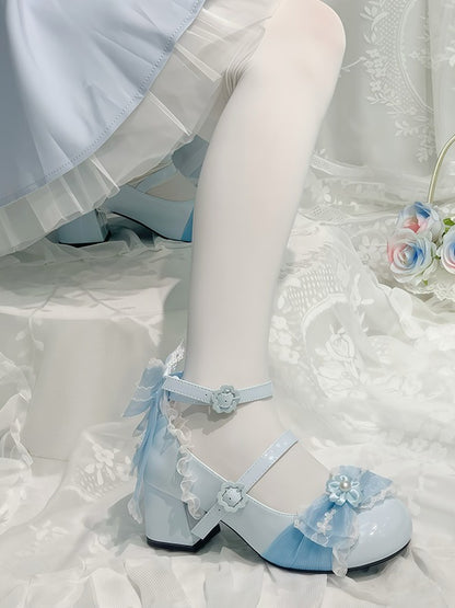 Blue Cherry Flower Sweet Mary Jane Shoes with Lace Bow - XIN MENG