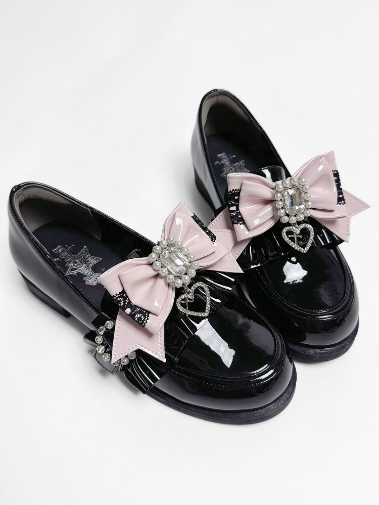 Pink Bowknot Decor Kei Shoe Jirai Black Pink/White Clips Beaded -