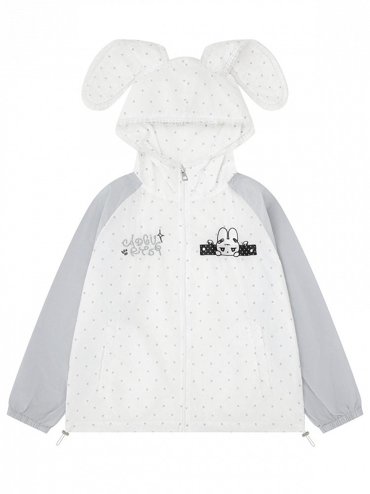 Charming White Rabbit-Ear Hooded UV Coat with Dotted Print