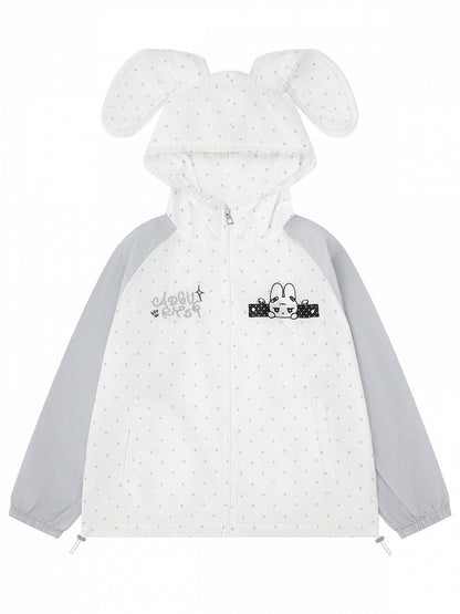 Charming White Rabbit-Ear Hooded UV Coat with Dotted Print