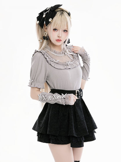 Jirai Kei Gray Blouse with Bowknot and Bead Decor, Illusion Neckline, Free Armwear - Fluffy Heart
