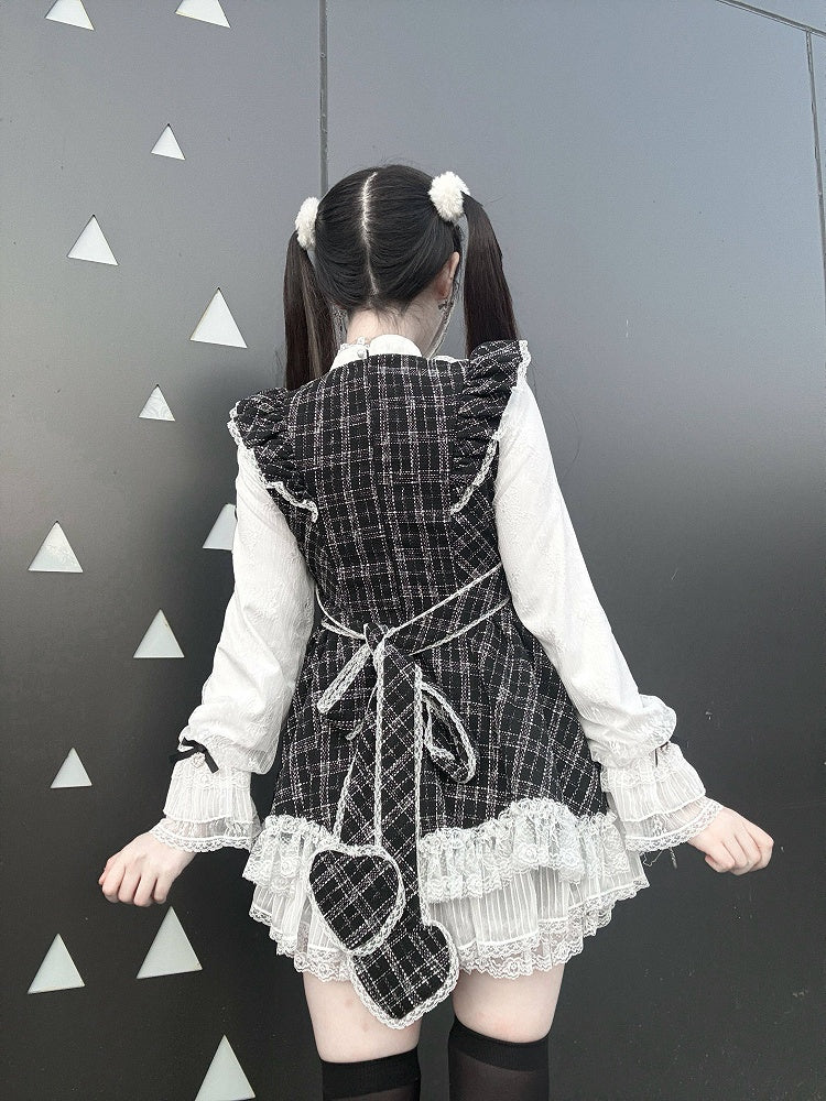 Shorts Jirai Trim Dress Matching Plaid Bow Black + Set White Rhinestone Kei Lace Long Sleeve