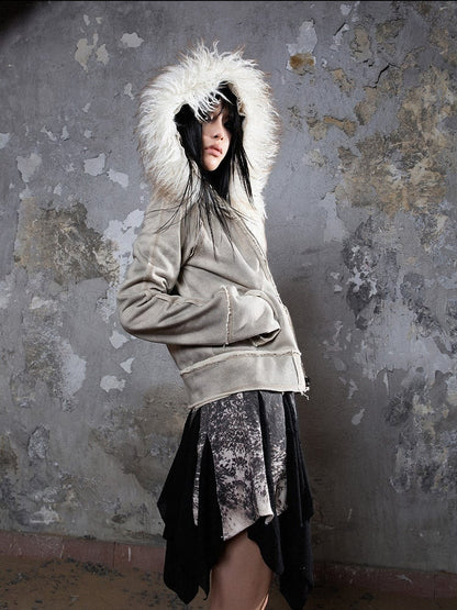 Punk Collar Cotton Fur Grayish Jacket Apricot Distressed Faux with Detachable Hoodie Lining/Regular
