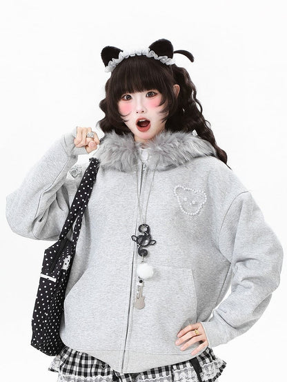 Hoodie Daily Jacket Blue/Grey/Black Rhinestone Ear Accents Kawaii Bear - Hood