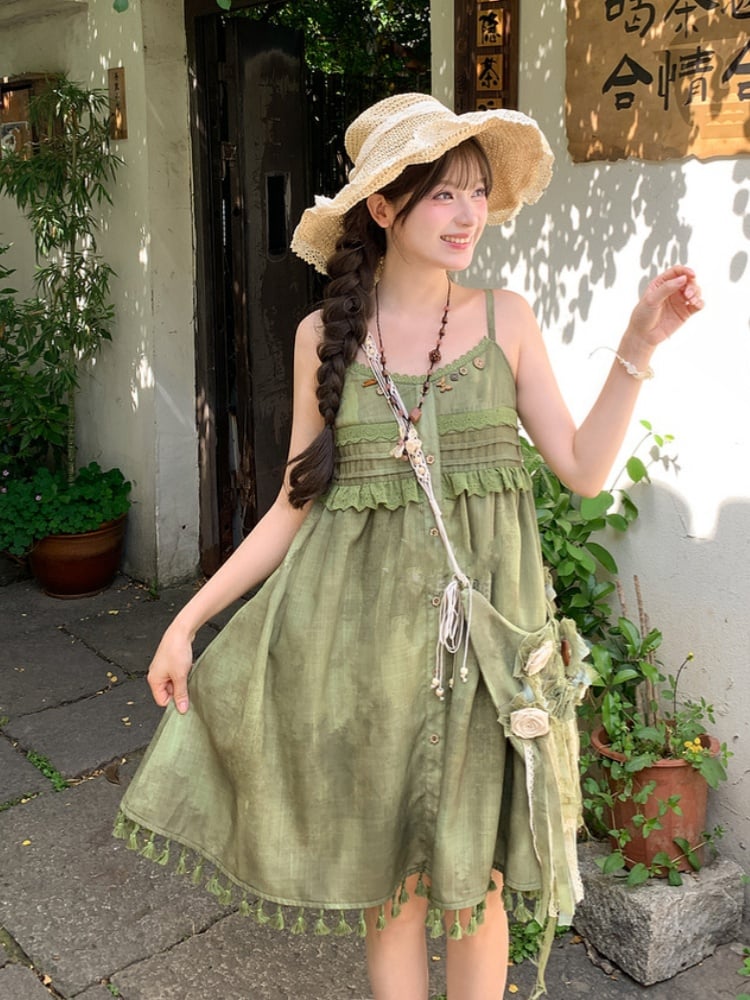 Mori Kei Cami Dress Embellished Neckline Green Tassel Hem Buttons