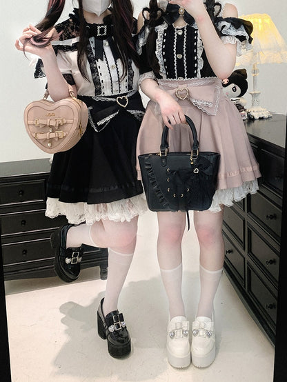 Back Jirai Kei Lace Trim Beaded Heart Decorated Big Bow Lace-up