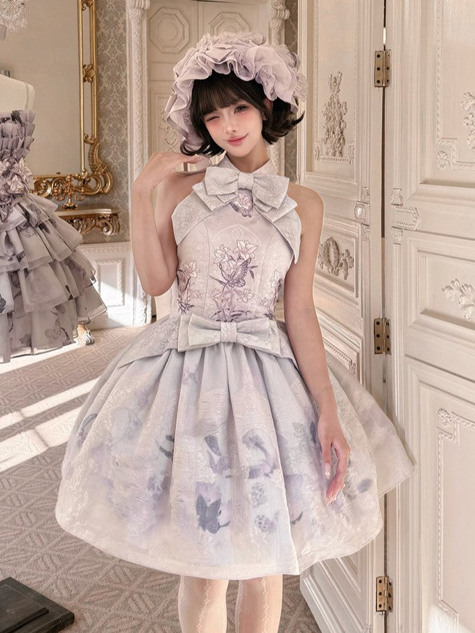 Oriental Lilac Halter Bow Floral JSK Outfit - Yimu Walnut
