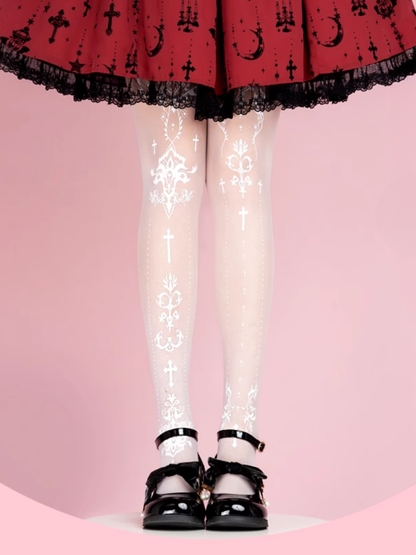 ゴシックロリータ ブラック/ホワイト クロスプリント タイツ