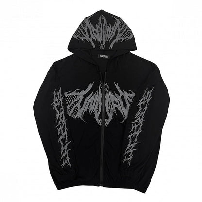 Hoodie with Zip-Up Print Gothic Black/White Skeletal Lightweight Wing