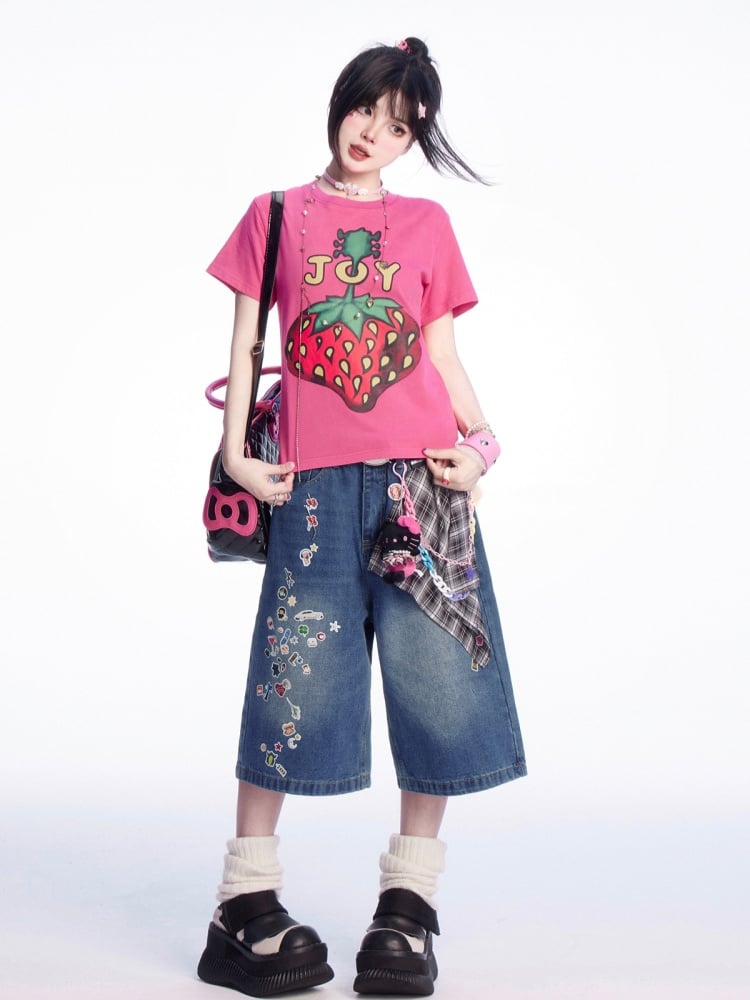 ヴィンテージTシャツ ローズレッド ラウンドネック ストロベリープリント