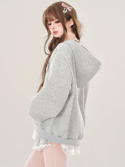 Grey/White Lace Trim V-neck Loose Hoodie Fake Two-piece