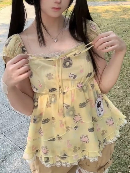 Sleeve Lace Short Cat Yellow with Accents Print Top Kawaii