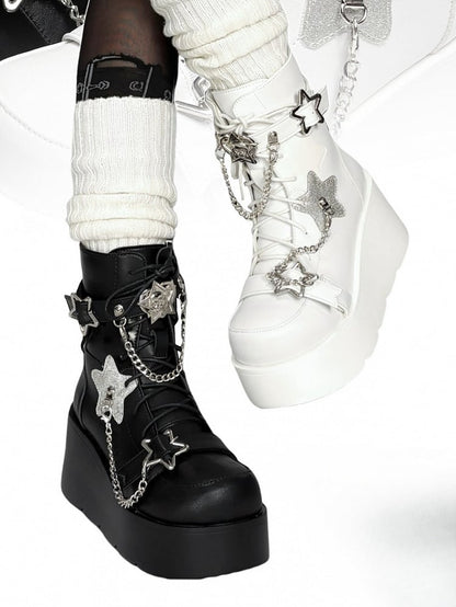 PU White Punk Platform Boots - Star Accents, Detachable Chain Charm & Multi-Fastening System