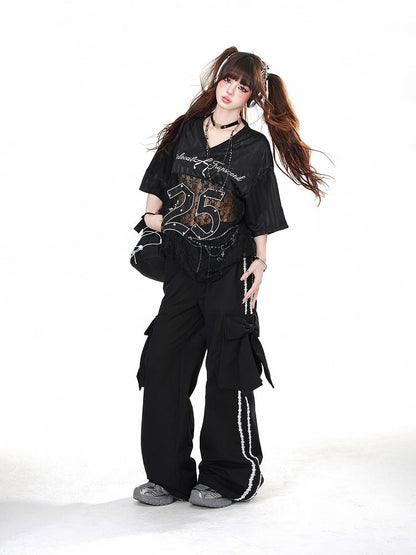 大きなリボンカーゴポケット付きブラックワイドレッグパンツ