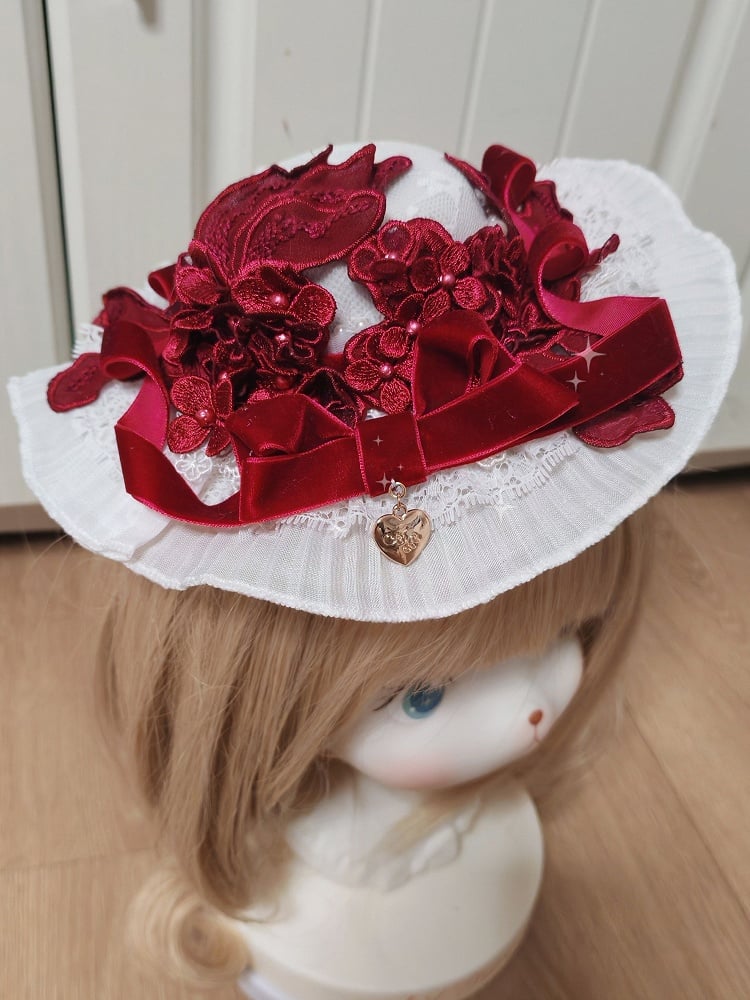 Wine Bowknot Mini Lolita Flower and Velvet Gorgeous Hat Red
