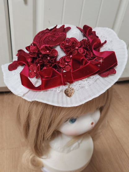 Wine Bowknot Mini Lolita Flower and Velvet Gorgeous Hat Red