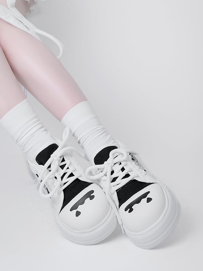 Design Print Otaku-Kwaii Lace-Up Trim Letter - Raw Edge Black Platform with Shoes White