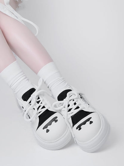 Design Print Otaku-Kwaii Lace-Up Trim Letter - Raw Edge Black Platform with Shoes White
