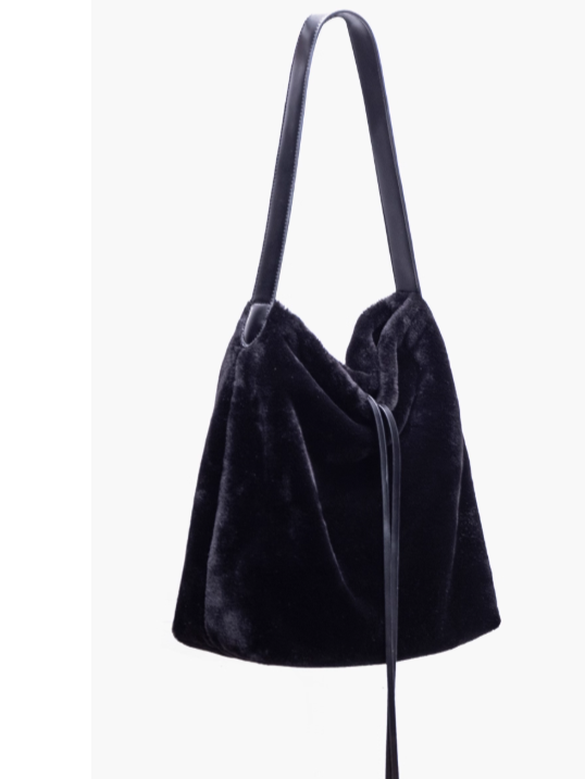 Luxurious Black Plush Shoulder Tote With Drawstring Closure