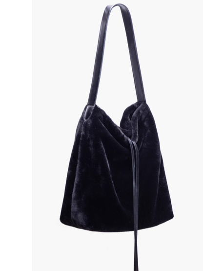 Luxurious Black Plush Shoulder Tote With Drawstring Closure