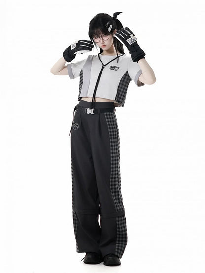 Patchwork Design Plaid Techwear Cropped T-Shirt Gray Colorblock Design