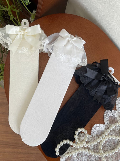 Ruffle Bow Breathable Black/White/Apricot Lolita Socks Mesh Decorated