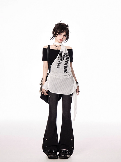 Y2K Black and White Letter Two-pieces Print Halter T-shirt