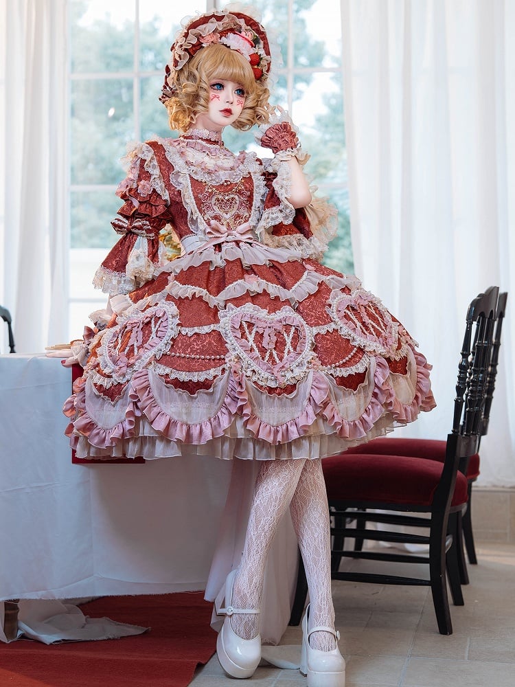 赤い花嫁ロゼット刺繍の花とビーズチェーンのディテールロリータOPフルセット