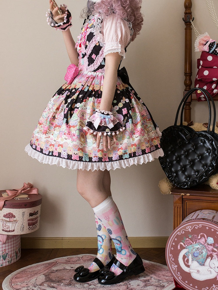 Rock Print Bär Desserts Lolita Süßer Pullover und Gummibärchen Schwarz