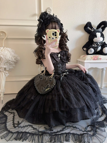 Dress Bows Hanayome-Style Multi-Layer + Overlay Lolita Apricot Full JSK Gentle Details / Rhinestone Set Lace with