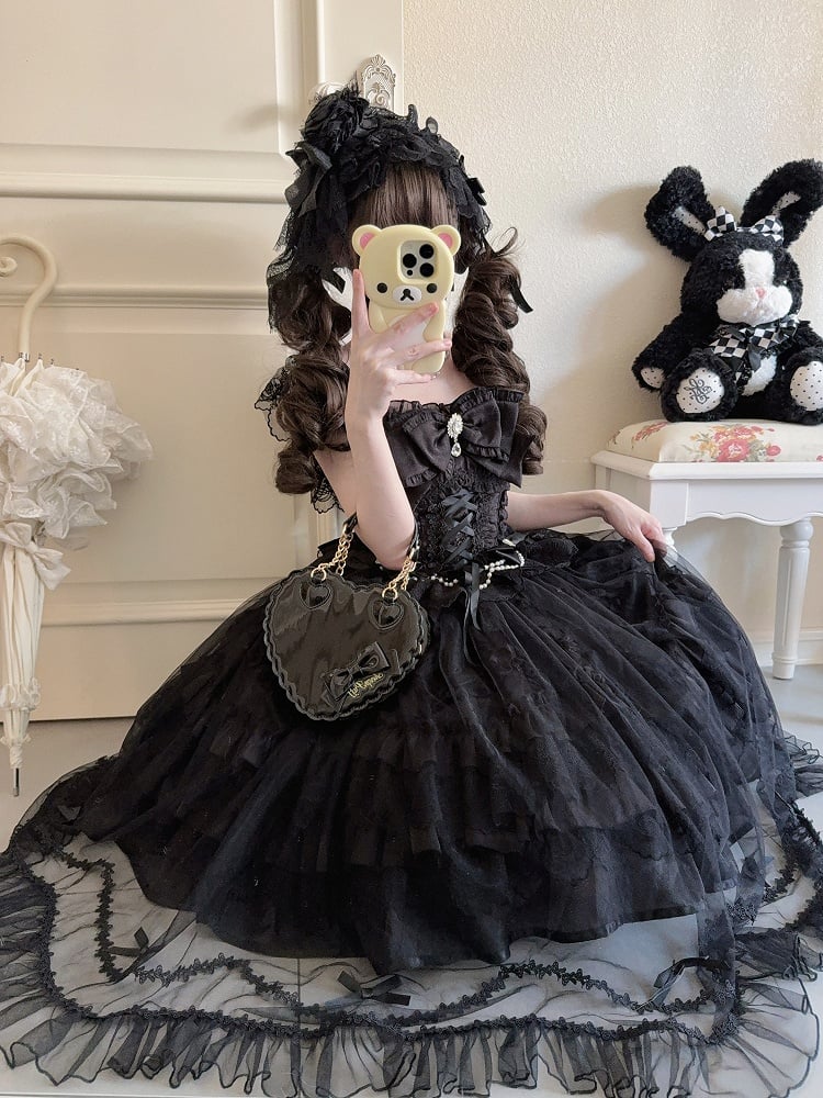 Dark with Details Hanayome-Style Bows Black Lolita Multi-Layer Lace Rhinestone Dress JSK