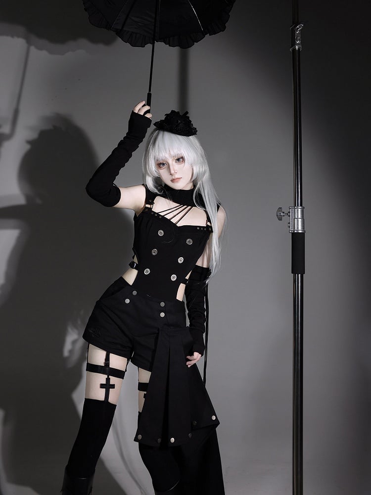 Gothic Lolita Black Top with Asymmetrical Design, Metal Buckle Detail, Shorts and Wrist Cuffs Set - Unknown Star