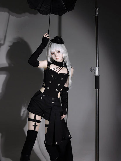 Gothic Lolita Black Top with Asymmetrical Design, Metal Buckle Detail, Shorts and Wrist Cuffs Set - Unknown Star