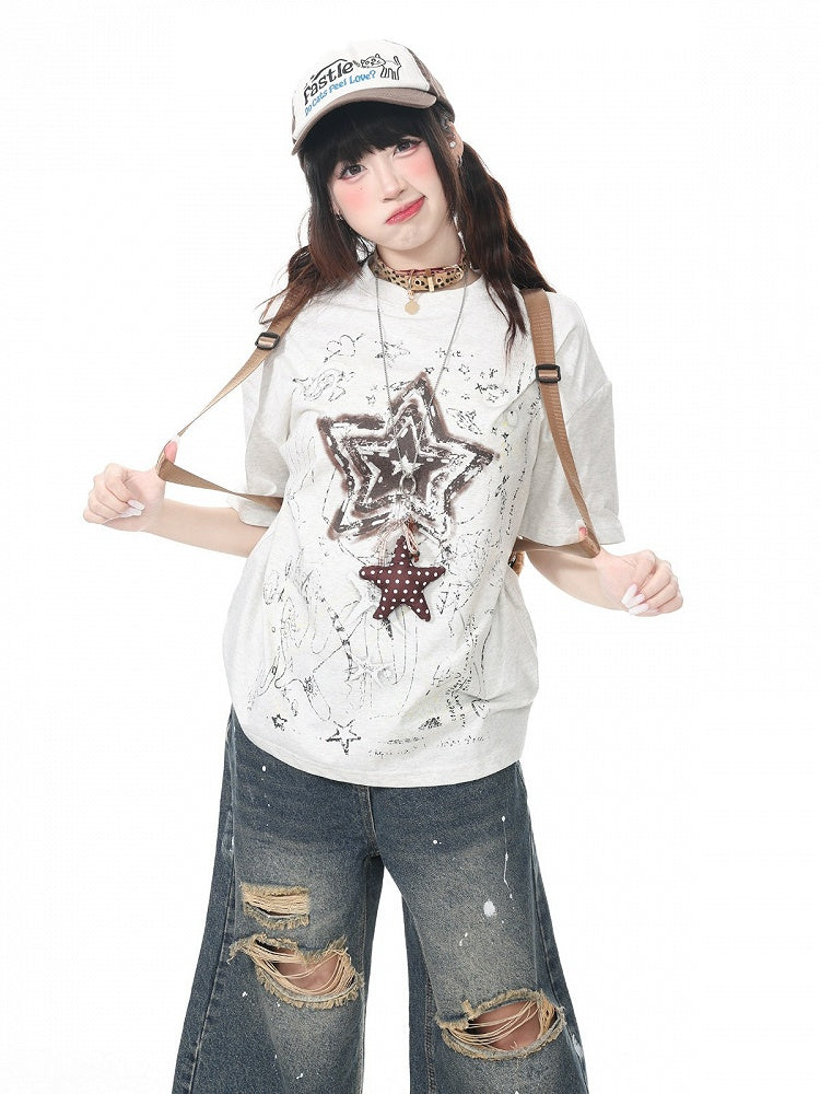Gray Vintage Crew Neck Tee with Star Print - Languid Park