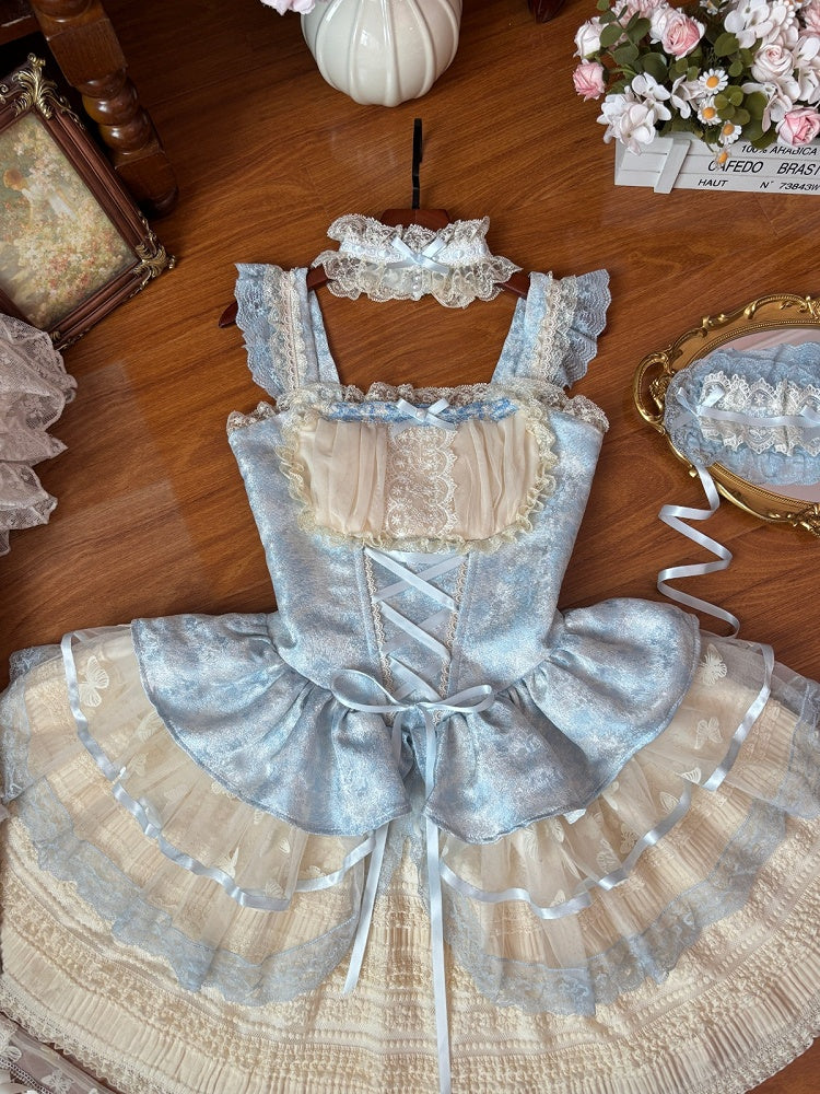 Sweet Blue & Beige Lace-Up Lolita JSK Dress with Lace Trim - Flying ear rabbit