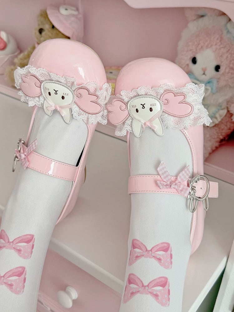 Mary Winged Low-heel/Mid-heel with Lace Patch - Bunny Lolita Buckle Rabbit Trim Pink Janes Sweet