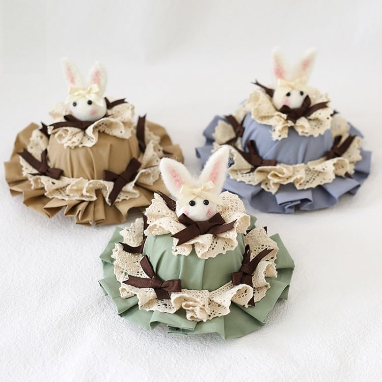 Decoration Hat Cute Green Lolita With Bunny Lace-trimmed Bowknot Dusty / Mini Brown Blue