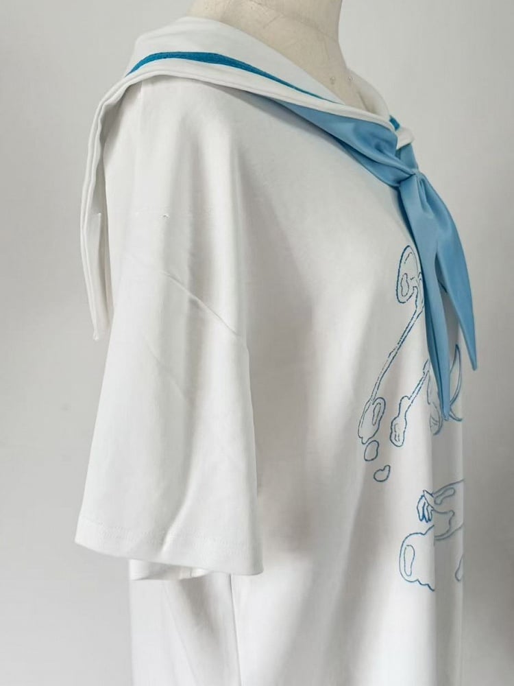 With Tenshi Bow Cartoon Tie T-shirt Collar Blue Sailor WhiteBlue Kaiwai Print