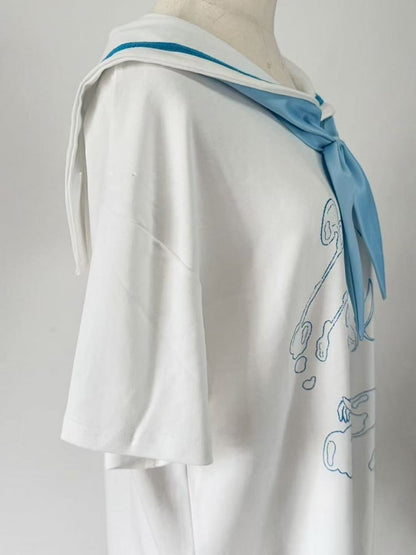 With Tenshi Bow Cartoon Tie T-shirt Collar Blue Sailor WhiteBlue Kaiwai Print
