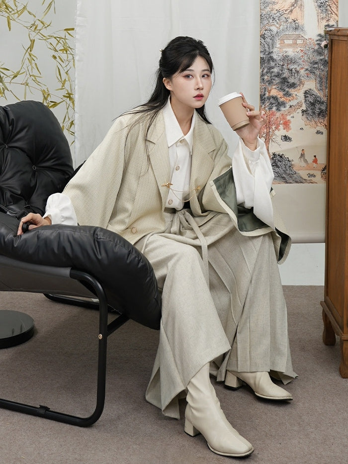 Unisex Gothic Front Cheongsam Notched Blazer Button Placket Beige Design with Collar