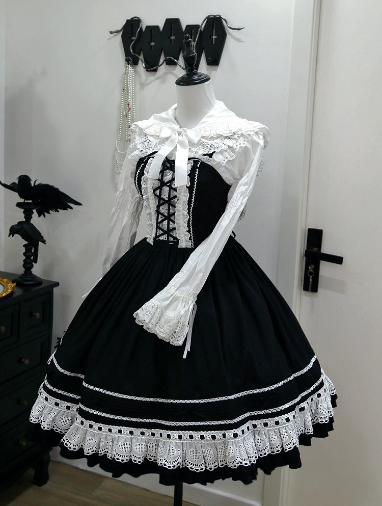 Black Lace-Up Lolita Jumper Skirt with Ruffled Hem