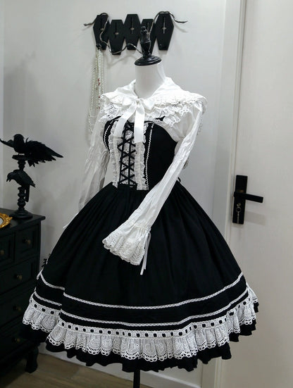 Black Lace-Up Lolita Jumper Skirt with Ruffled Hem