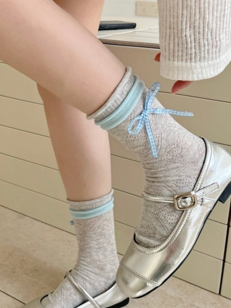 Colorblock Ankle Socks with Bowknot Details - Xi Shang Mei Shao