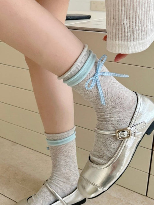 Colorblock Ankle Socks with Bowknot Details - Xi Shang Mei Shao