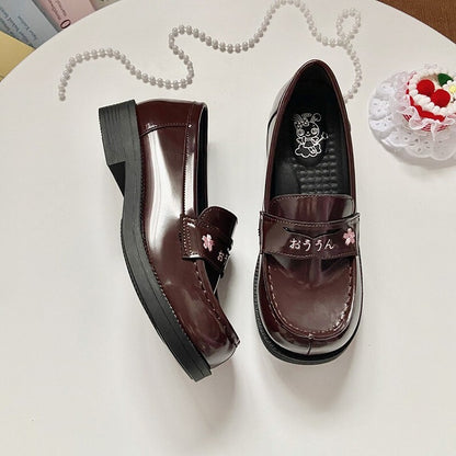 with Blossom Heel Cherry Uniform Embroidery Brown Shoes Style 3 School Options
