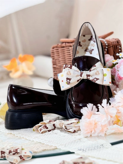 Bow Print School Brown Mid-heel Teddy Removable Bear Slip-Ons - with Preppy