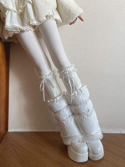 Leg Pearl-Adorned Knit Lace Bows White Ribbon Warmers with Ruffled