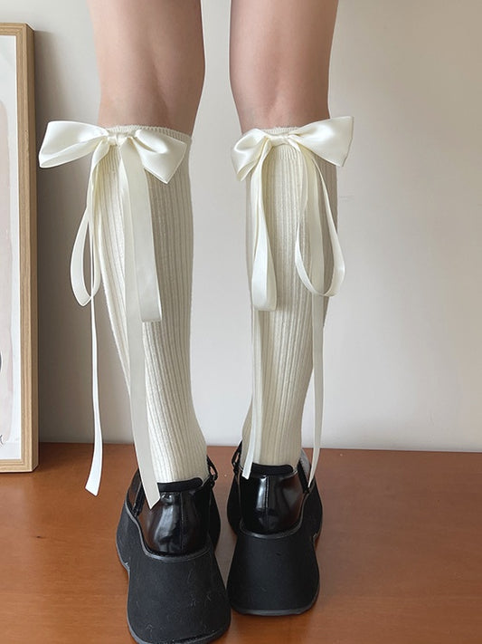 White/Black Sweet Bow Ribbon Calf Socks