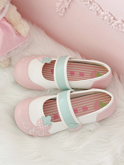 Indoor Appliques with Strawberry Sweet Shoes Lolita Round-Toe Pink