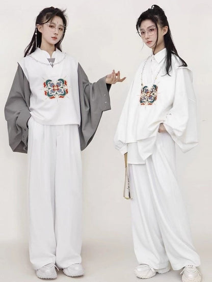 Unisex Floral White Detachable in Chain Tassel Chinese Style Vest V-neck Stitchwork